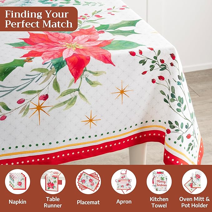 Maison d' Hermine Table Cloth Rectangle Table 100% Cotton 60 x 120 Inches Fall Tablecloth Reusable Everyday Use for Thanksgiving Christmas Decorations Dining Farmhouse Party (Poinsettia Christmas)
