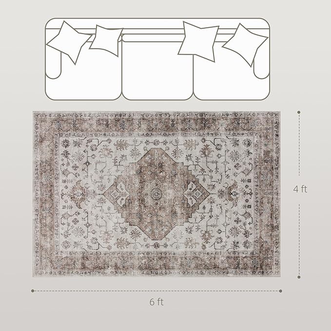HOMCOM Washable Area Rug, 4'x6' Vintage Indoor Distressed Carpet, Retro Floor Cover Foldable, Floral Print Mat for Living Room, Bedroom, Dining Room, Tan