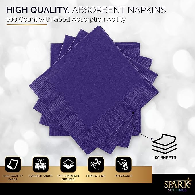 100 Pack Purple Beverage Napkins, Big Party Pack, 2 Ply, Ideal for Wedding, Party, Birthday, Dinner, Lunch, Cocktails. (5” x 5”) by Amcrate