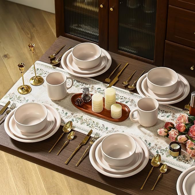 GZG Vintage Series - Ceramic Dinnerware Set for 2, 6 Pieces Stoneware Plates and Bowls Set, Lead-Free, Handcrafted Dishes Set, Microwave & Dishwasher Safe - Cream White