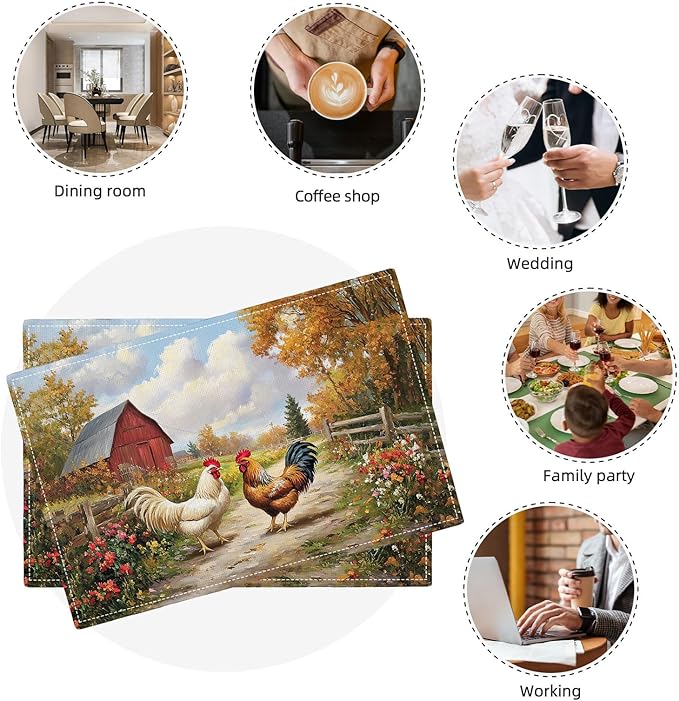 Farmhouse Rooster Placemats Set of 4, Farm Chicken Place Mats, Rustic Farm Coop Waterproof Washable Table Mats for Home Party Indoor Kitchen Dining Table Decoration 12x18 Inch