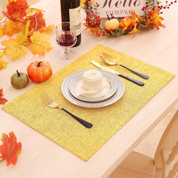 Homaxy Cloths Placemats for Dining Table Set of 8, Heat Resistant Washable Cotton Linen Blend Table Mats, Place Mats for Indoor Outdoor Party Kitchen Decoration, 13" x 19", Mustard Yellow