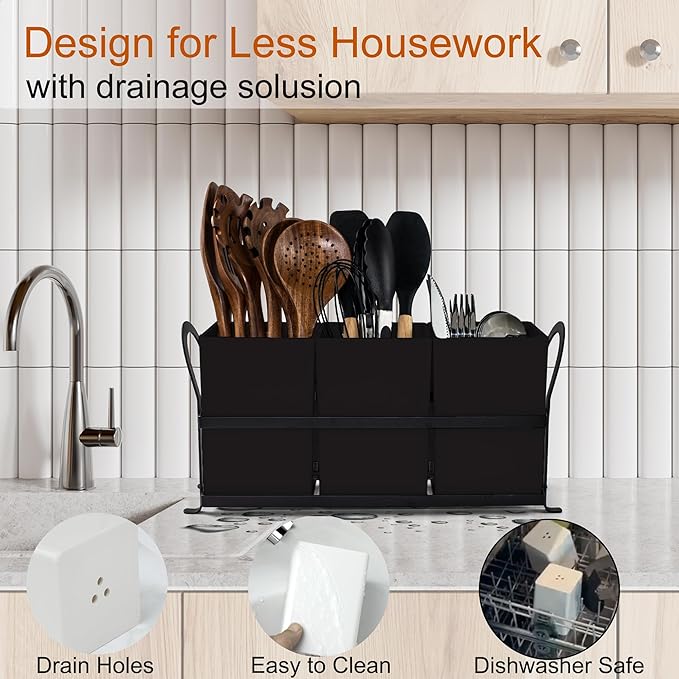 Large Kitchen Utensil Holder, Drainage Utensil Caddy for Countertop, 3pcs Bins Set Cooking Utensil Organizer for Spoons, Spatulas, Black