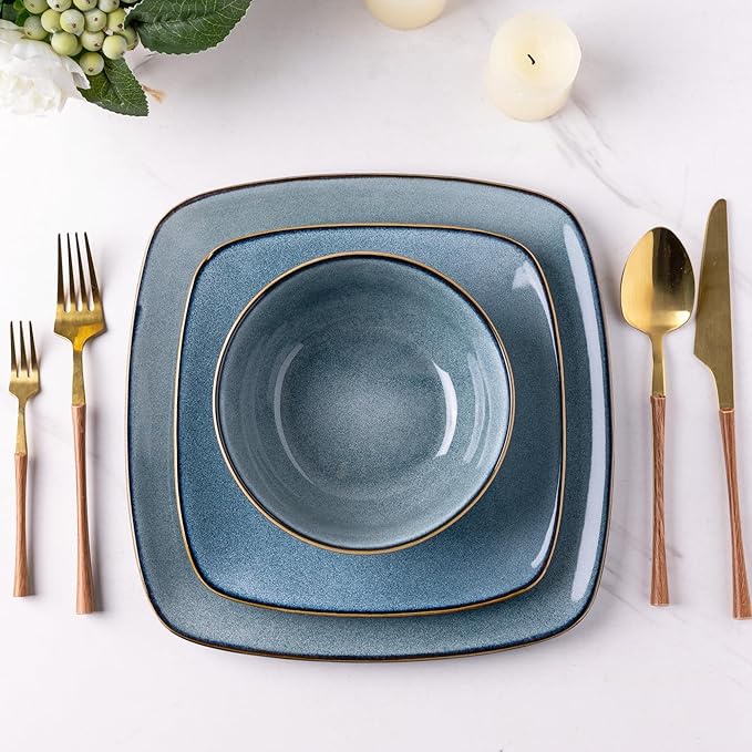 AmorArc Ceramic Dinnerware Sets for 4, 12 Pieces Square Handpainted Plates and Bowls Set, Chip and Scratch Resistant Stoneware Dishes Set, Dishwasher & Microwave Safe, Ocean Blue