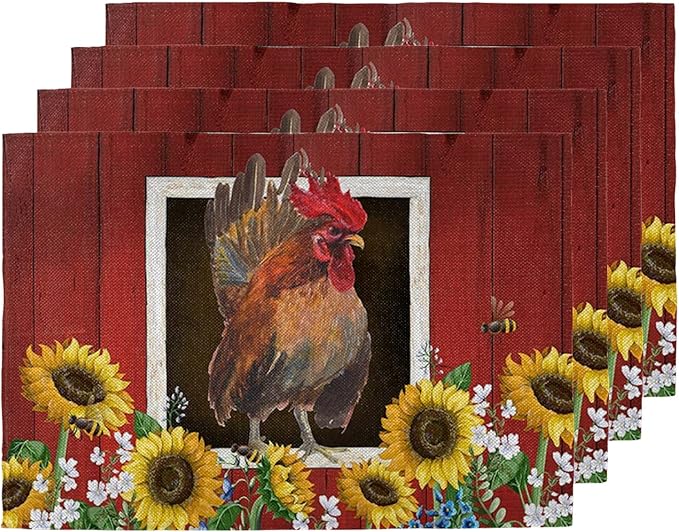 Watercolor Red Barn Cock Placemat Set of 4, Rooster Sunflowers Heart Heat-Resistant Washable Table Place Mats for Kitchen Dining Table Decoration