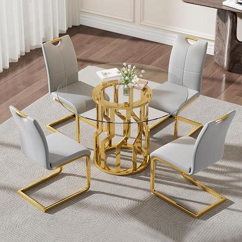 38.9" Round Glass Dining Table Set for 4, Modern 5 Piece Kitchen Table Set with Gold Stainless Steel Base & 4 PU Leather Accent Chairs, Saving Space, Dining Set for Apartment, Home - Grey Chair