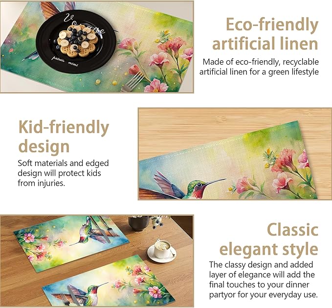 Table Placemats Set of 6, Waterproof Linen Fabric, Non-Slip Backing & Easy Clean, Elegant Dining Table Protectors for Family and Guests(Watercolor Hummingbird Flowers)