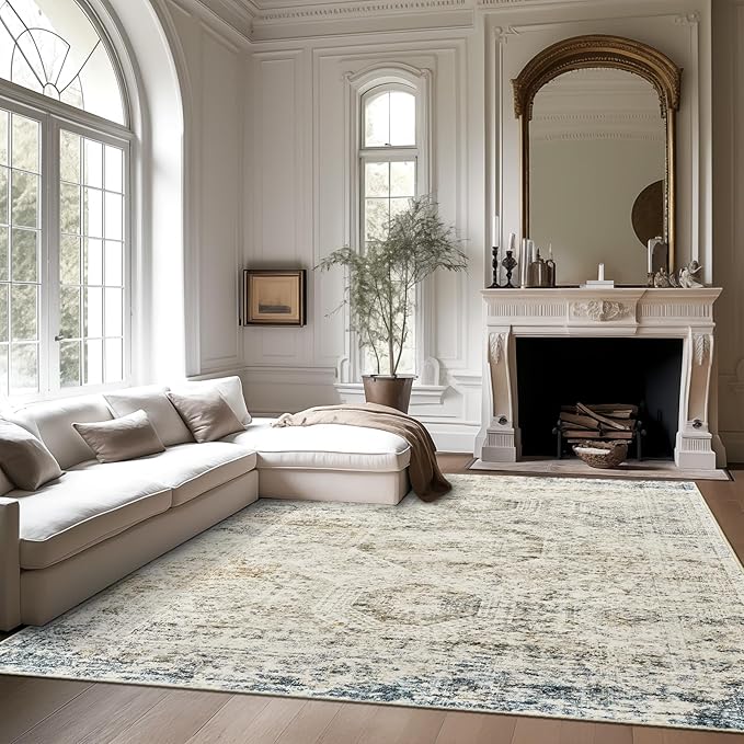 5x7 Area Rugs Blue Ivory Low Pile Indoor Washable Trendy Faded Style Rugs for Bedroom Living Room Dining Room Foldable Non-Slip Thin Print Mat