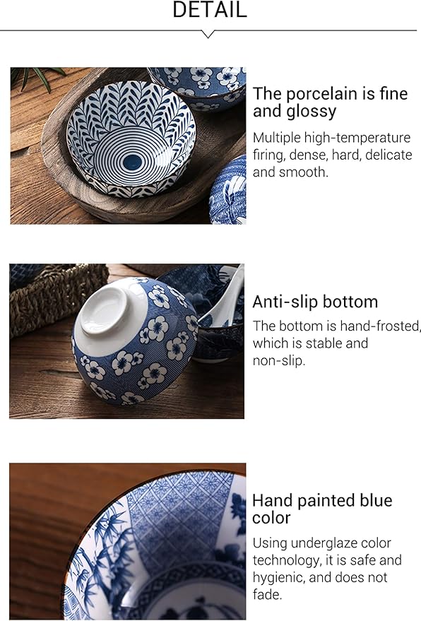 Gegong Blue and White Porcelain Dinnerware Set, Dishes, Bowl, Spoon, Chopsticks, Service for 1, Colorful Glazed Ceramic Set, Gift Box Packaging (Plum, Orchid, Bamboo and Chrysanthemum)