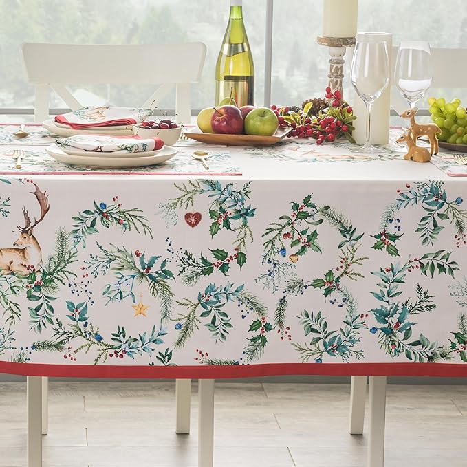 Maison d' Hermine Table Cloth Rectangle Table 100% Cotton 60 x 120 Inches Fall Tablecloth Reusable Everyday Use for Thanksgiving Christmas Decorations Dining Farmhouse Party (Holly Time)