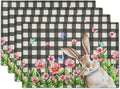 Buffalo Plaid Bunny Placemat Set of 4 12 x 18 Inch Pink Flowers Butterfly Farmhouse Linen Fabric Table Mats Outdoor Spring Seasonal for Party Kitchen Dining