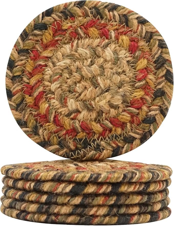 Homespice Kingston Jute Braided Coasters 4", Warm Country Decor, Set of 6, Multicolor - Durable, Absorbs Moisture, Easy to Clean and Protects Furniture