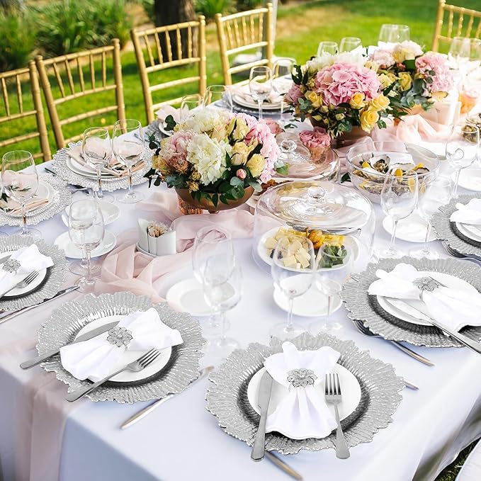 Dandat 100 Pcs Charger Plate Bulk 13'' Floral Reef Plates with Napkin Ring Plastic Dinner Charger Hollow Out Flower Napkin Holder Plastic Plate for Table Setting Wedding Party (Silver)