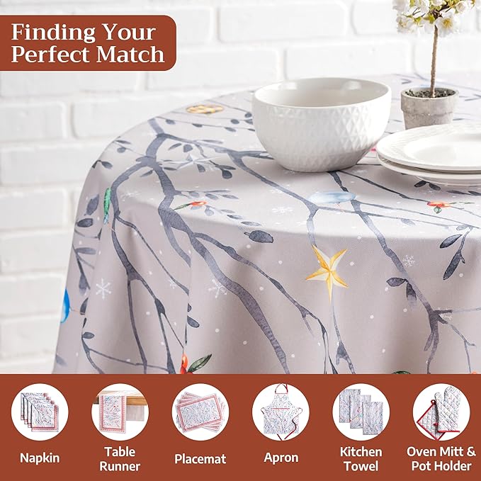 Maison d' Hermine Table Cloth Round Table 100% Cotton 69 Inches Fall Tablecloth Reusable Everyday Use for Thanksgiving Christmas Decorations Dining Farmhouse Party (Fairy Christmas)