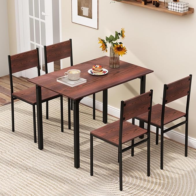 COSTWAY Dining Table Set for 4, Rectangular Kitchen Table and Chairs Set with Backrest, Metal Frame, Space-Saving Dinette Set, Breakfast Nook Table Set for Small Space, Apartment, Dorm (Walnut)