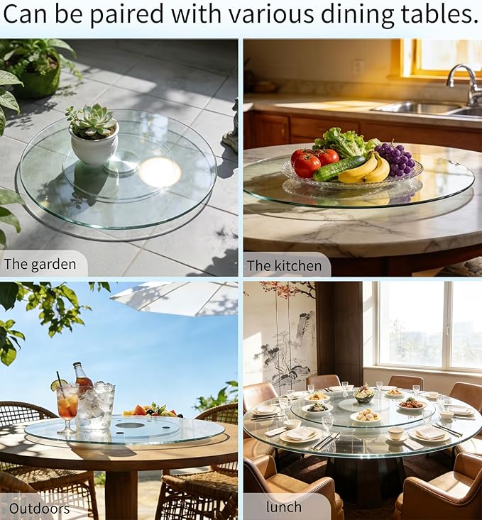 36" Glass Lazy Susan for Dining Table, Glass Turntable Table Centerpiece with 6 Rotating Wheels, 360° Smooth and Silent Spin Tabletop Rotating Tray, for Family Gatherings, Banquets, Weddings, 92 cm