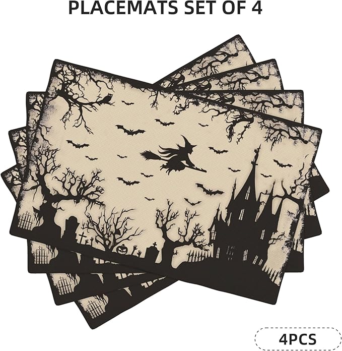 Halloween Witch Castle Placemats Set of 4 Washable Table Place Mats for Dining Kitchen Party Decor