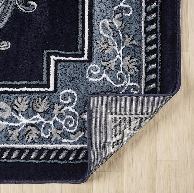 Modern 5x7 Navy Traditional Living Room Rug - Area Rugs for Living Room, Dining & Bedroom - Hand Carved Runner Carpet - Durable Polyester - Non-Fade, Stain-Resistant - Turkish Made