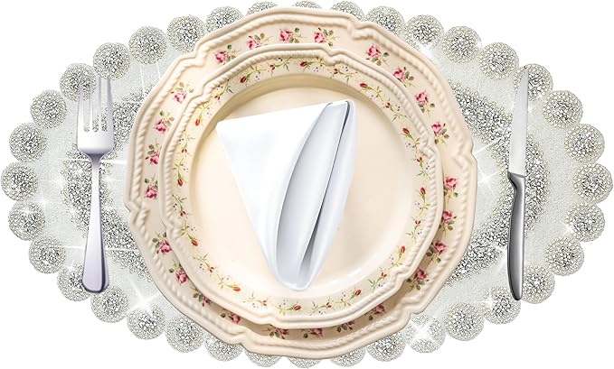 Sparkling Silver Diamond Placemats Bling Oval Place Mat Heat Elegant Table Decor for Weddings, Holidays, and Special Events (15x9 Inch)