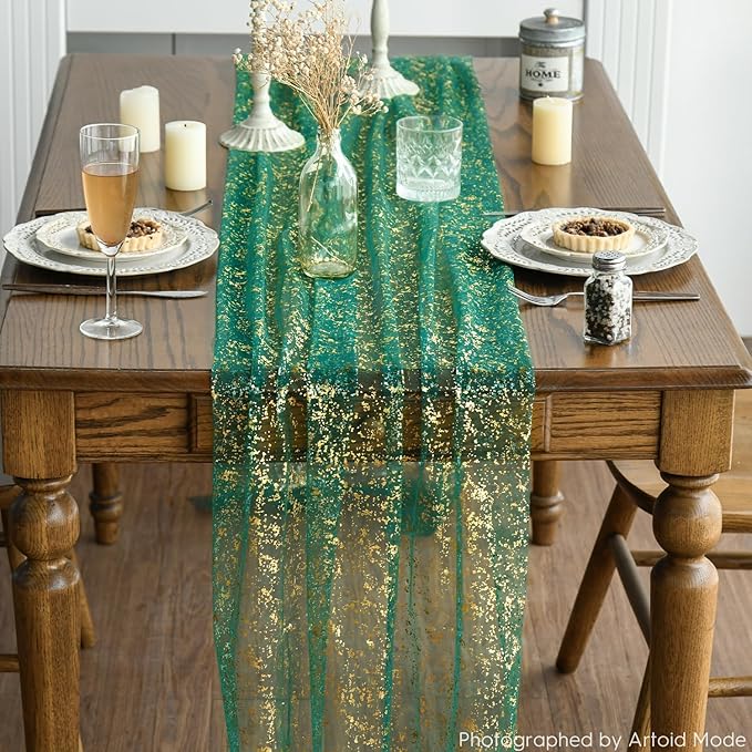 Artoid Mode Green Gold Gauze Table Runner 59x120 Inch 10FT, Glitter Metallic Foil Sheer Dining Wedding Anniversary Holiday Table Decor for Home Party