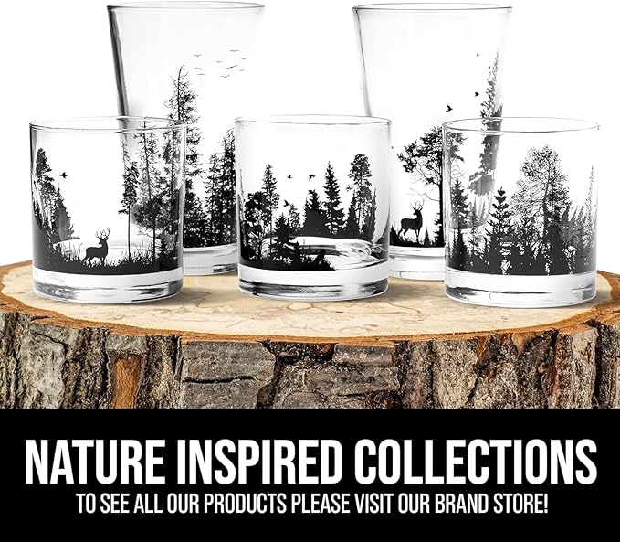 Black Lantern Wolf and Forest Whiskey Glass Set Set of 2 11oz Heavy Base Glasses | Nature-Themed Gift for Outdoor & Wildlife Lovers