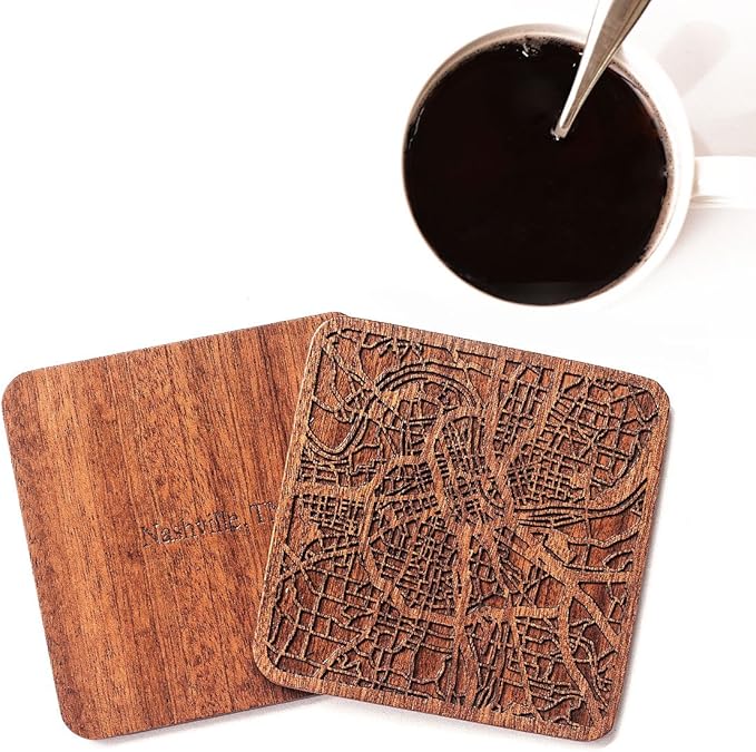 Nashville, TN Map Coaster by O3 Design Studio, Set of 4, Sapele Wooden Coaster with city map, Multiple city optional, Handmade