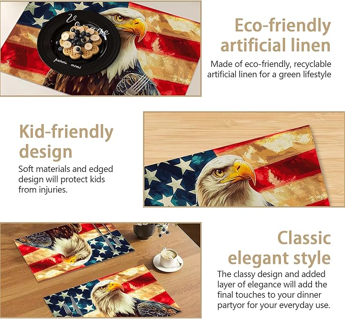 American Flag Placemats Set of 6, Linen Washable for Christmas, Thanksgiving, Party, and Daily Dining, Retro Eagle Decorative Table Mats for 4-6 Person Table
