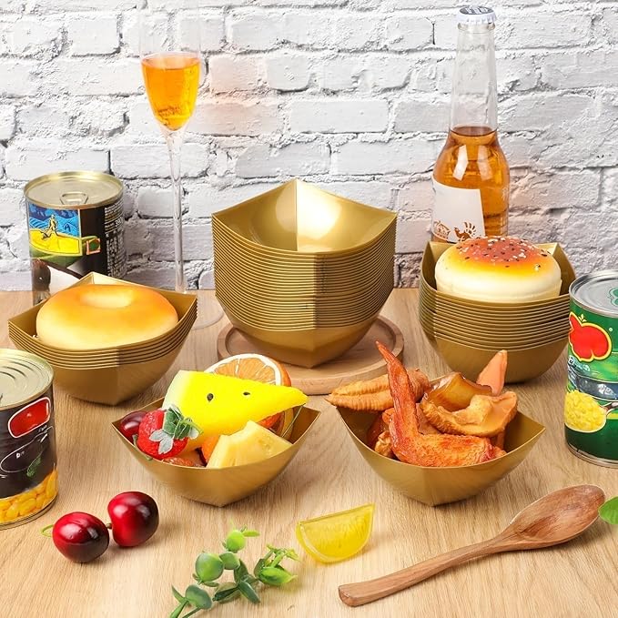 Tanlade 50 Pcs Square Plastic Serving Bowls Disposable Snack Salad Bowl Small Party Candy Bar Containers Taco Bar Serving Dishes for Buffet Chips Fruit(Gold,8 oz)