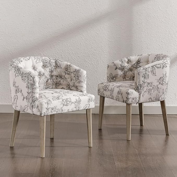 Mid-Century Dining Chairs Set of 2, Tufted Upholstered Linen Dining Room Chairs Comfy Side Chair Armchair Guest Chair with Wooden Legs for Dining Room Living Room, Floral Pattern