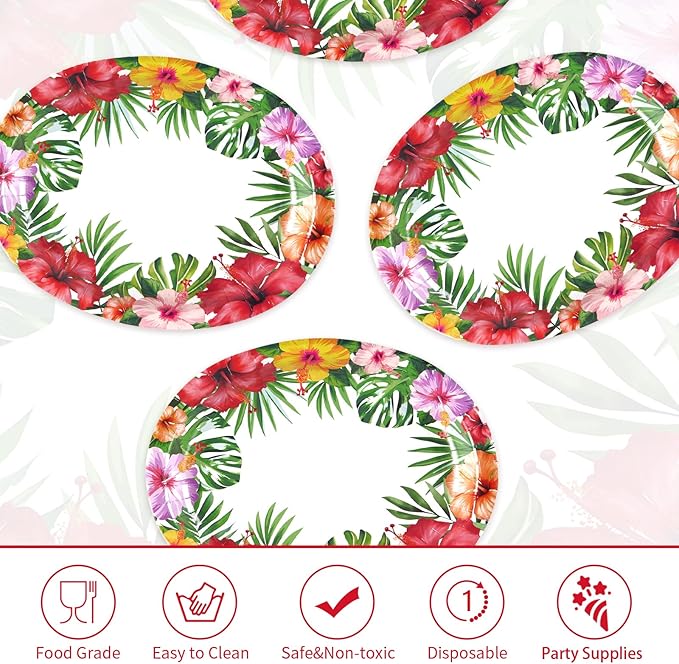 Grencian 50 Pcs Hawaiian Luau Oval Paper Plates 10"×12" Large Tropical Aloha Party Plates Disposable Heavy Duty Hawaiian Floral Luau Serving Tray for Summer Beach Birthday Party Supplies Decorations
