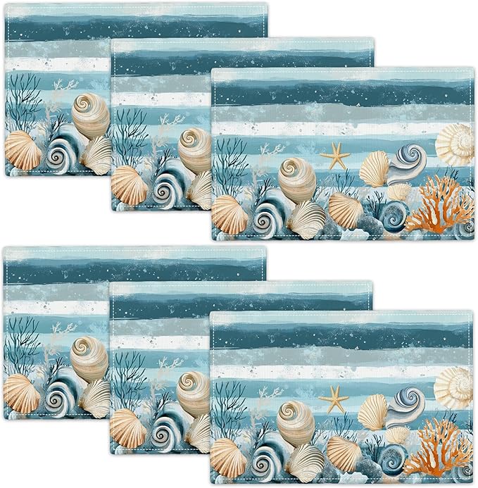 Ocean Seashell Placemats Set of 6, Beach Starfish Place Mats, Coastal Marine Life Waterproof Washable Table Mats for Home Party Indoor Kitchen Dining Table Decoration 12x18 Inch