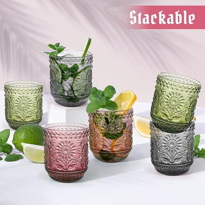 Topsky Vintage Drinking Glass Set of 6,12 oz Embossed Floral Decorative Glassware Set,Glass Cups Wine Glasses Beverages Tumblers Colored Glassware for Whisky,Beer,Juice,Cocktail,Heavy Duty