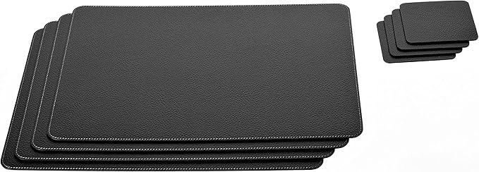 Nikalaz Set of Black Placemats and Coasters, 4 Table Mats and 4 Coasters, Recycled Leather, 18'' x 13''