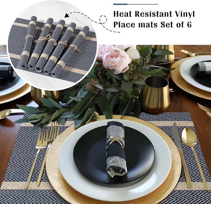 FAVE Placemats Set of 12 Blue Placemats Woven with Golden Thread Durable and Wipeable Vinyl Place Mats Heat Resistant Table Mats Set of 12 for Kitchen Table (Blue, 12"x18"-12PCS)