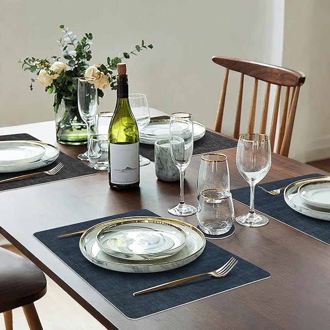 Placemats Set of 4, Faux Leather Heat Resistant Wipeable Placemats, Dual Sided Waterproof Washable Table Mats with Coaster, Suitable for Kitchen, Dining, Table Decor (4, Black Navy Blue)