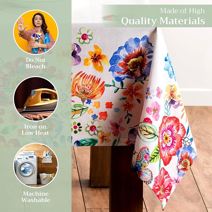Maison d' Hermine Table Cloth Rectangle Table 100% Cotton 70 x 120 Inches Tablecloth Reusable Decorative for Dining Room Farmhouse Valentines Day Decorations Spring Summer- Happy Florals - High Summer