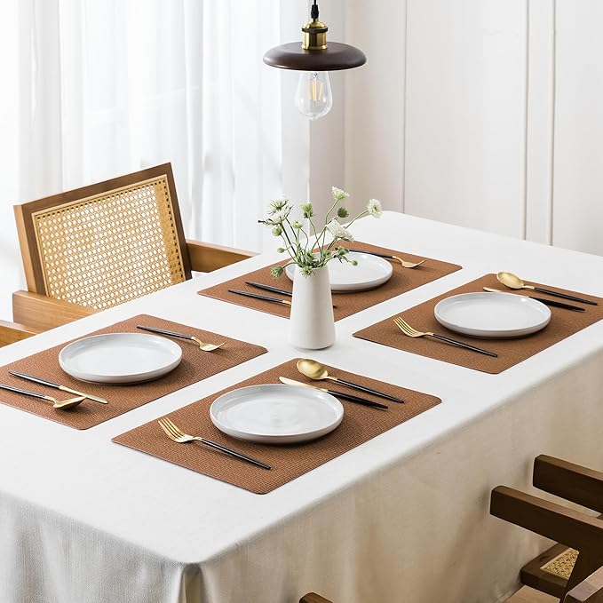 Jovono Faux Leather Placemats Set of 8, Waterproof Washable Table Mats, Easy-Clean Heat Resistant Kitchen Vinyl Place Mat for Dining Table, Restaurant, Indoor, 17.8"x11.8", Brown
