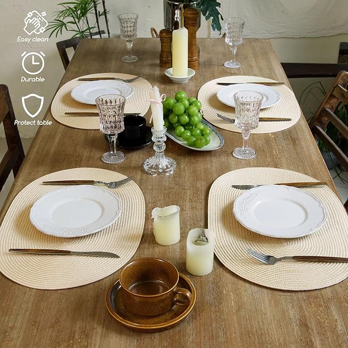 FunWheat Oval Braided Placemats Set of 6 Table Mats for Dining Tables Washable Heat Resistant Place Mats for Indoor Outdoor Use 12 x18 Inch(Oval Beige, 6pcs)