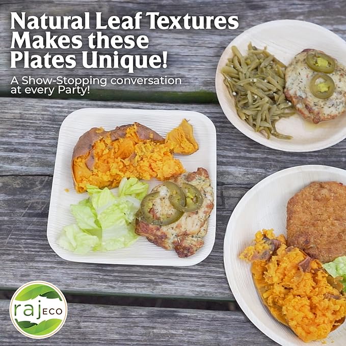 Raj Palm Leaf Plates [100-Pack] 10" Round Plates like Bamboo plates Disposable, Strong, Decorative Compostable Tableware for wedding, Lunch, Dinner, Birthday, Camping, Outdoor BBQ, Picnic…