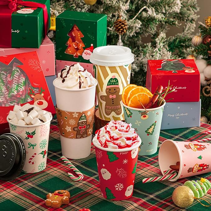 Fit Meal Prep 50 Pack 12 oz Christmas Disposable Coffee Cups with Lids, Sleeves, Leak-Proof To Go Coffee Cups with Lids, Durable Holiday Hot Paper Cups for Home, Office, Party, Business