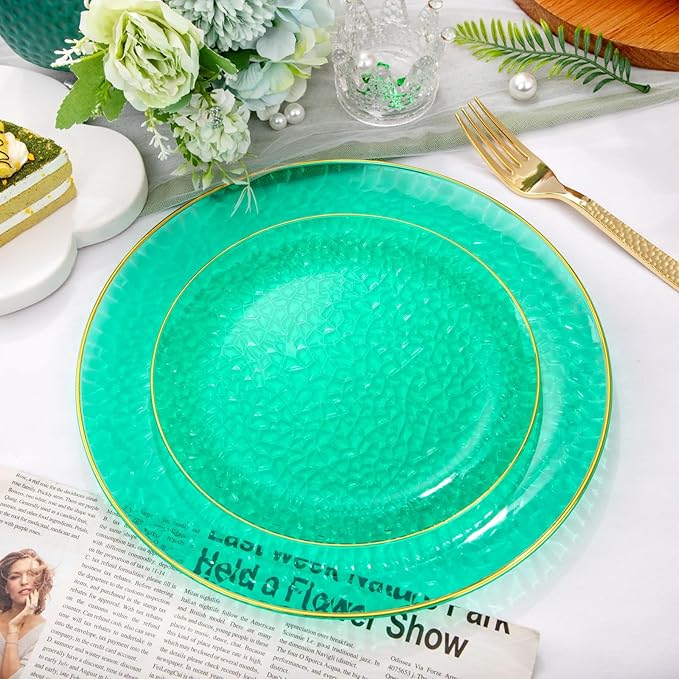 Hioasis 60pcs Green Plastic Plates - Gold Rimmed Disposable, Hammered, Heavy-duty Dinnerware Set Suitable for 30 Guests, 10.25" Dinner & 7.5" Dessert Plates for Party & St. Patrick's Day