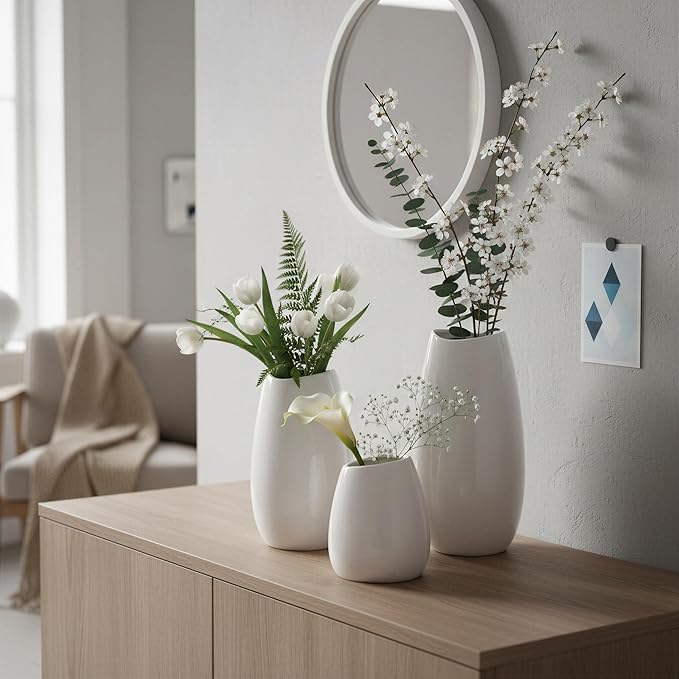 hjn Ceramic Vase Set of 3 White Flower Vase for Home Decor, Modern Decorative Vases for Flowers/Ideal Shelf Decor/Table/Living Room/Kitchen/Office-White