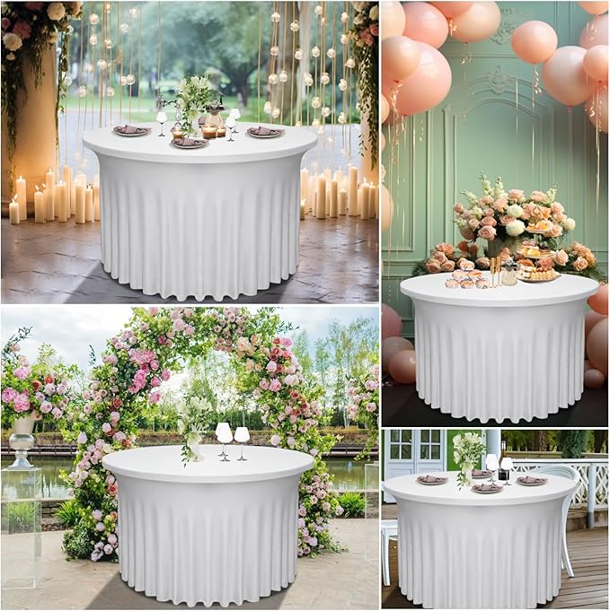 4 Pack - White Round Table Skirt (60" Diameter x 30" H) for 5ft Tables | Polyester Spandex Washable Cover | Wrinkle & Stain Resistant | Wedding, Party, Banquet Decor