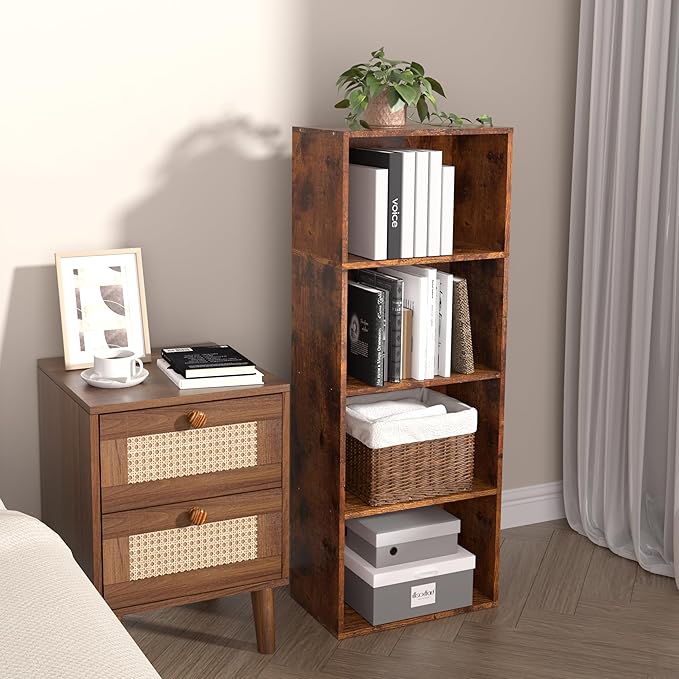 Wooden 4 Cube Storage Organizer, 4 Tier Tall Vintage Bookshelf Freestanding Storage Display Organizer, Versatile Cubes Shelf and Cubby Unit for Living Room, Bedroom, Home Office 15.7inch