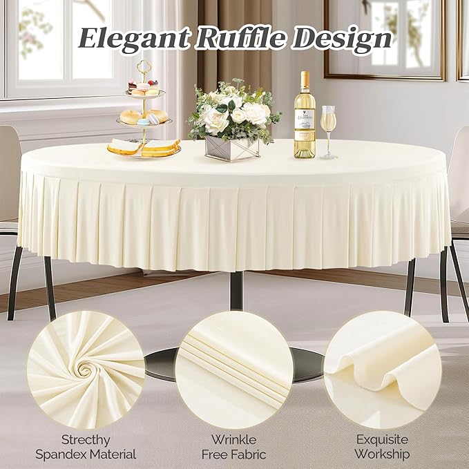 Ivory Spandex Round Tablecloths - 6 Pack, Fitted 5FT, Wrinkle Free Table Cover with Skirt for Wedding Party Dining Banquet