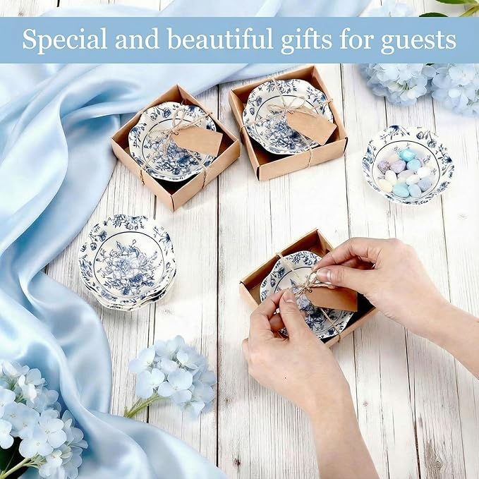 96 Pcs Wedding Favors for Guests Small Ceramic Bowl Bulk Gifts Set 3.3 Inch Floral Design Mini Dipping Sauce Dish with Card Box for Bridal Pooja Baby Shower Birthday Guest Gift (Blue)