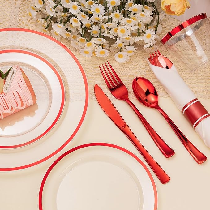 BESTSTAR 175PCS Clear and Red Disposable Plates Set for 25 Guests, 50 Plastic Plates, 25 Cups, 25 Pre-Rolled Napkins with Plastic Cutlery for Party, Birthday, Thanksgiving, Halloween, Christmas