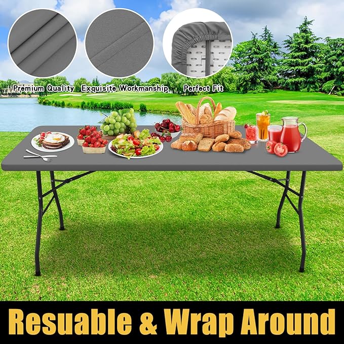 Smiry Rectangle Picnic Table Cloth, Waterproof Elastic Fitted Tablecloths for 4 Foot Tables, Washable Polyester Table Cover for Camping, Indoor and Outdoor (Grey, 24"x48")