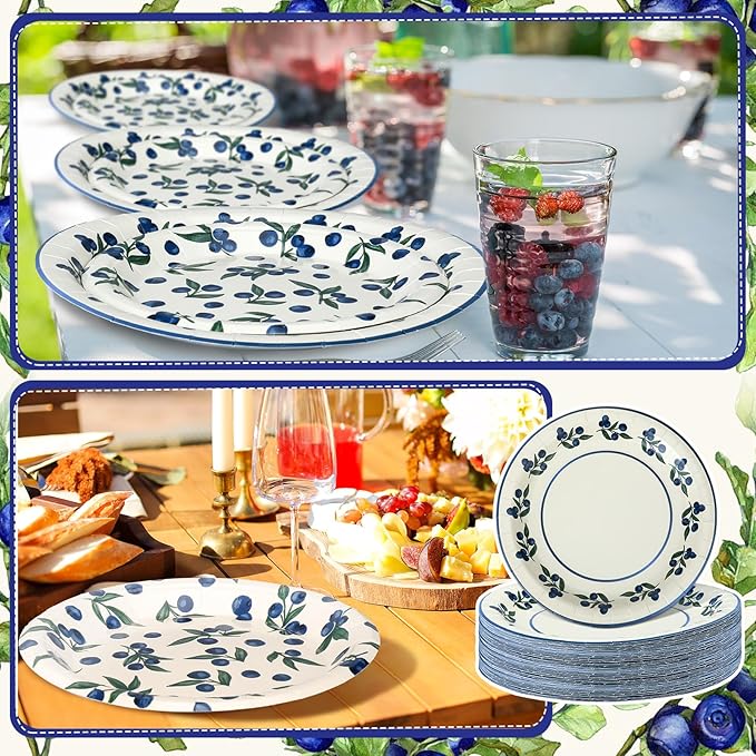 48 Pcs Blueberry Harvest Plates Set Include 9 Inch and 7 Inch Spring Watercolor Disposable Plates Summer Decorative Dinner Birthday Party Tableware for Baby Shower Party Supplies