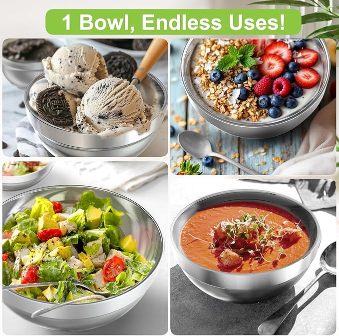 Stainless Steel Bowls, 4 Pack 7.8in 64.2oz 1900ml Large SUS304 Double Wall Insulated Stackable Metal Hot Soup Bowl Containers for Dishes Serving Cereal Snacks Ice Cream Food Rice Salad